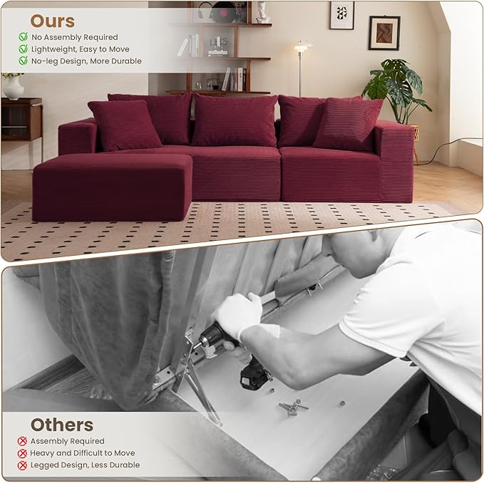 108 L-Shaped Boneless Couch Modular Sectional Sofa with Moveable Ottoman Corduroy Cloud Couches for Living Room No Assembly Ship in a Box Red