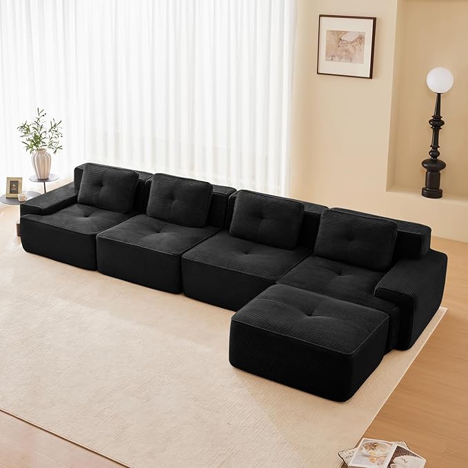 150 Modern Boneless Couches for Living Room Corduroy Cloud Couch Sectional Black Modular Sectional Sofa 4 Seater with 1 Ottoman Sofas para Sala L Shape Sofas &amp Couches (Black 4+1 Set)