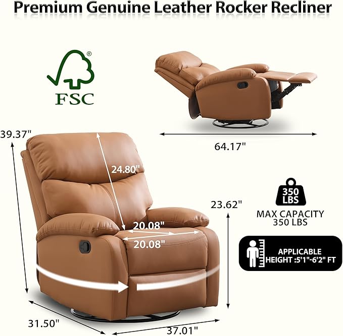 Genuine Leather Swivel Recliner Rocking Reclining Chair for Heavy Duty Adults 350LBS Manual Swivel Rocker Recliner Chair for Living Room Bedroom RV Nursery Khaki Brown