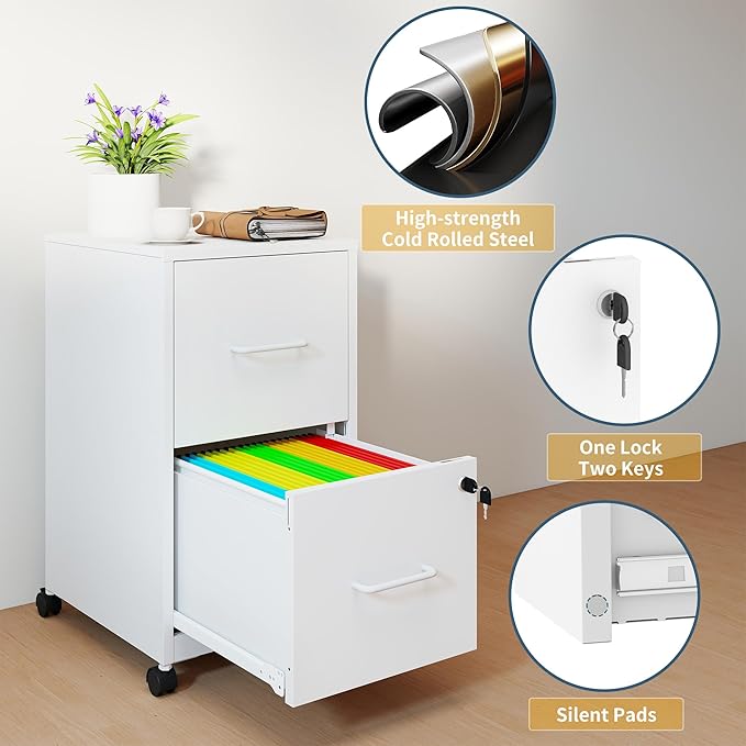 2 Drawer File Cabinet on Wheels Mobile Filing Cabinets with Lock Metal Storage Cabinet Vertical Filing Cabinets for Home Office Rolling File Cabinet for Under Desk Amssebly RequiredWhite