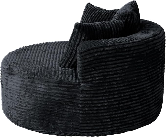 JACH Oversized Sofa Chaise with Three Pillows 50 Corduroy Deep Seat Single Sleeper Sofas Round Upholstered Lazy Floor Sofa for Living Room Apartment Black
