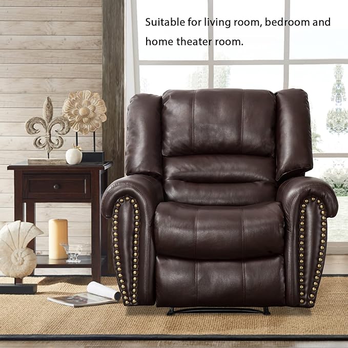 INZOY Leather Recliner Chair Heavy Duty Manual Reclining Sofa Single Lounge Sofa for Living Room Home Theater Seating Brown