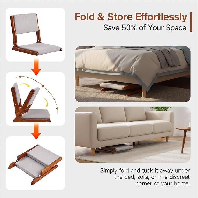 Tiita Floor Chair with Back Support Foldable Meditation Tatami Chairs Backrest Chair with Cushion Living Room Chair Seat 2 Pack Walnut Grey