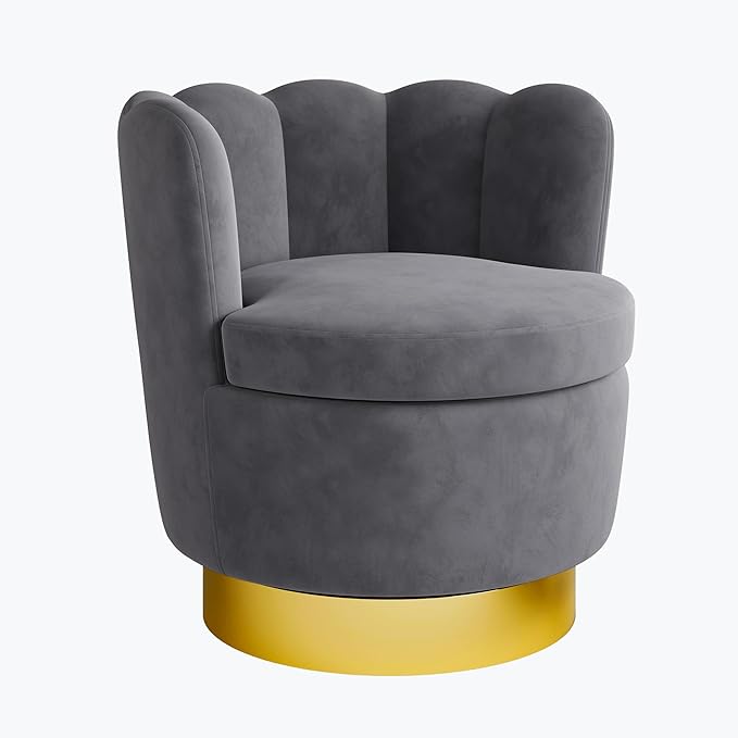 BELLEZE Swivel Accent Chair Velvet Modern Round Petal Swivel Barrel Chair 360° Upholstery Swivel Sofa Armchair Comfy Swivel Accent Chair for Living Room Bedroom - Lotus (Dark Grey)