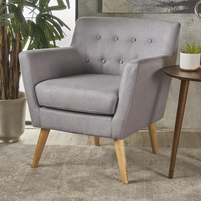 ChairArmchair ReclinerModern Club Chair Upholstered Fabric Accent Chair with Button-Tufted Backrest and Tapered Birch Wood Legs Ideal for Living Room (Light Grey + Fabric)