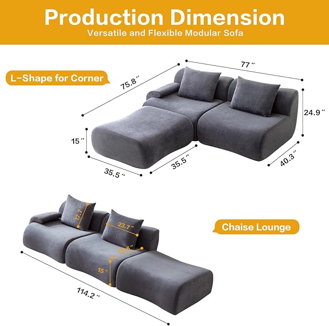 UKMTUET Sectional Couches for Living Room 114 L Shaped Couch with Chaise Boneless Couch with Convertible Ottoman Modular Sectional Sofa Comfy Couch with for Bedroom Office No Assembly Required |