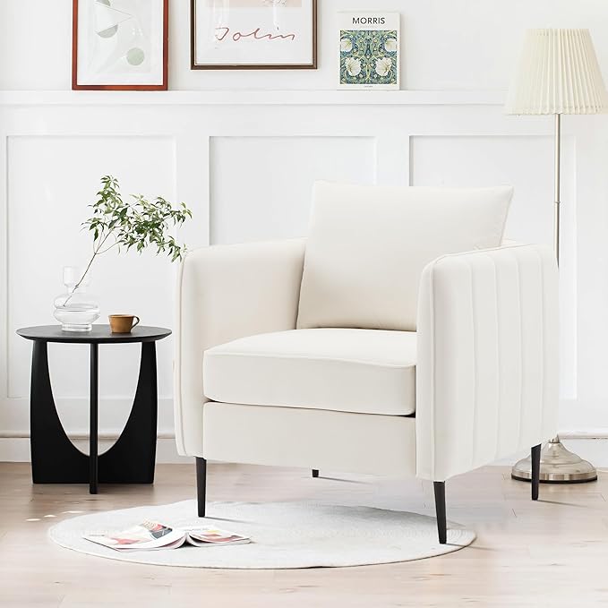 Leather Accent Chair Mid Century Modern PU Leather High Back Armchair for Living Room Chairs with Solid Wood Legs for Small Spaces Bedroom Office (Ivory-Velvet 29.13D x 32.68W x 35.04H)