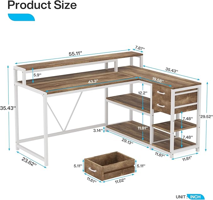 Tribesigns L Shaped Desk with Drawers and Storage Shelves Corner Home Office Desk with Monitor Stand 55 x 24 Desktop Computer Table Gaming Study for Small Space (Oak)