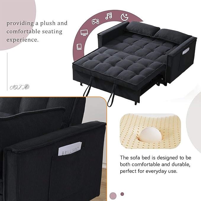 3 in 1 Corduroy Convertible Sofa Bed Pull Out Couch Bed with Reclining Backrest and 2 Pillows 54 Full Size Loveseat Sleeper Sofa Futon Couch Beds Couches for Small Spaces Living Room (Dark Grey)