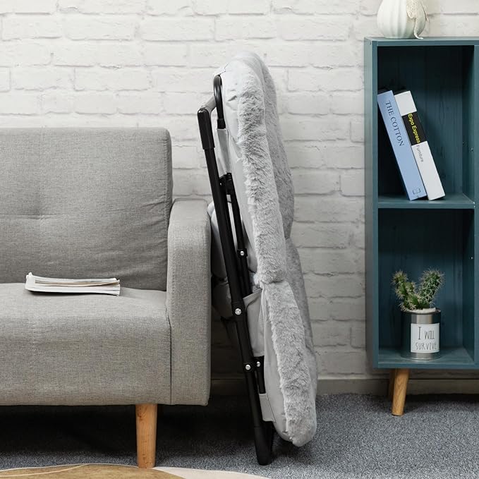 HollyHOME X-Large Saucer Chair with Foldable Ottoman Comfy Oversized Folding Chair and Folding Footrest Stool Set Faux-Fur Reading Chair and Footstool for Living Room Bedroom Grey Chair&ampStool