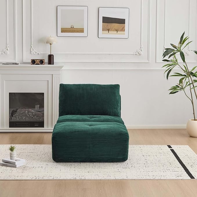 Single Chaise Longuewith Movable Ottoman Memory Foam Compressed Sofa with Pillows Soft Corduroy for Living Room (Green 1 Seat)