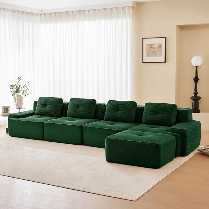 153 Modern Corduroy Cloud Sofa with Ottoman L Shaped Boneless Modular Large Sectional Couches for Living Room Green 4 Seater Compressed Memory Foam Couch Extra Deep Seat No Assembly