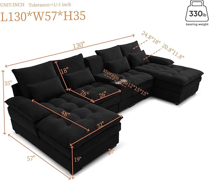 KEIKI U-Shaped 6 seat Sofa with Storage Console Cup Holders 130 Upholstered Sectional Sofa Button Tufted Cloud Cushion Couch for Home Office Black