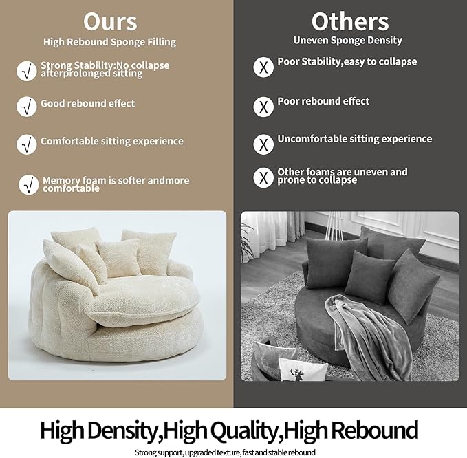 55 inch Oversized Round Chair Fluffy Chenille Boneless Sofa with Extra Deep Seat for Living Room Lounge (Beige)