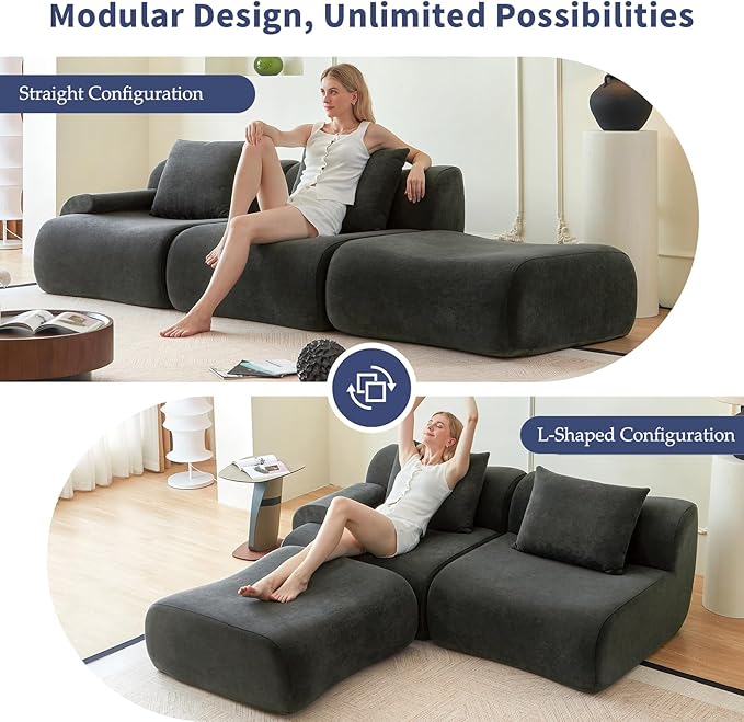 Cloud Couch Sectional114-Boneless Couch in a BoxUpholstered Couches for Living Room Bedroom with L-Shape ChaiseModern Comfy Sofa-Cool Gray CouchesNo Assembly RequiredLow -Profile Sofa