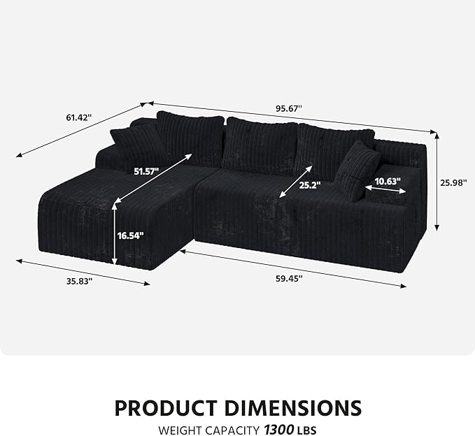 LAUSAINT HOME 96 Modular Sectional Sofa Couches L-Shaped Boneless Cloud Sofa with 3 Deep Seat 5 Cushiones Oversized Chaise for Living Room Bedroom Plush Corduroy Fabric (Left Black)