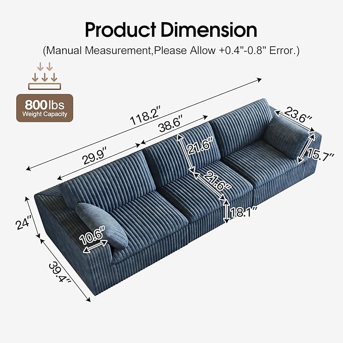 78.8 LoveSeat Cloud Sofa - Modular Sectional Couch with Modern Deep Seat: Plush Corduroy Upholstered for Living Room Bedroom Apartment &amp Small Spaces - No Assembly Required (Blue 3 Seater)