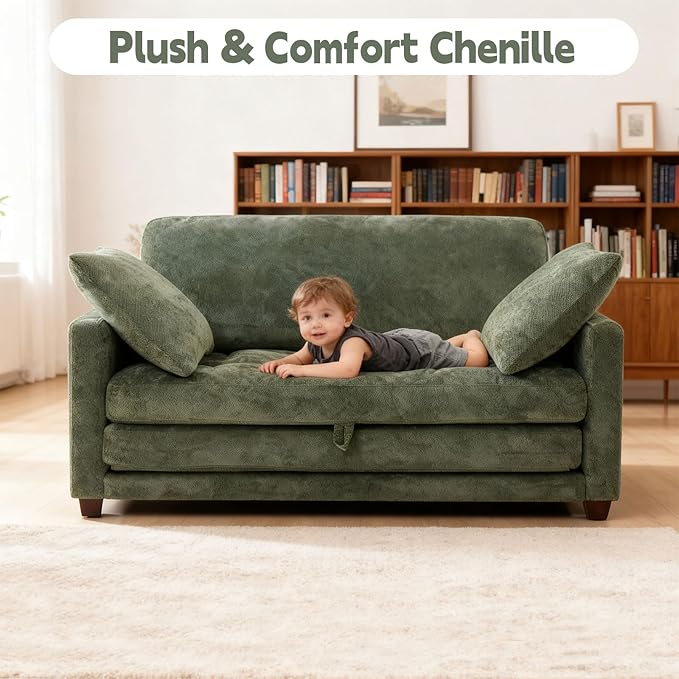 2-in-1 Convertible Loveseat Sofa Bed - Folding Pull-Out with Deep Seat 2 Pillows &amp Solid Steel Frame Loveseat Sleeper Sofa Bed for Small Spaces Apartment Living Room &amp Guest Room (Green Ch