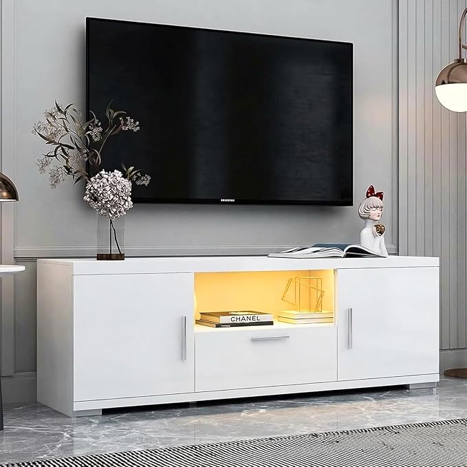 LED TV Stand for 32–55 Inch TVs – 51 Modern Entertainment Center with RGB Lights Glass Shelves &amp Large Storage Cabinet White Media Console for Living Room or Bedroom Setup