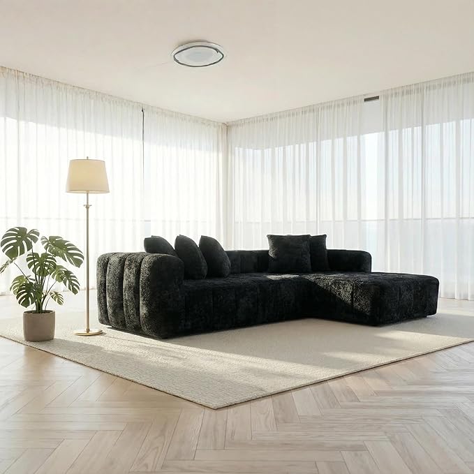 107.9“Cloud Sectional Boneless Couch Modular Sofa with Deep Seat 5 Pillows L-Shaped Free Combination Soft Boucle Fabric 1400 lbs Capacity Living Room Apartment. (Black Right Hand Facing) | No Assembl