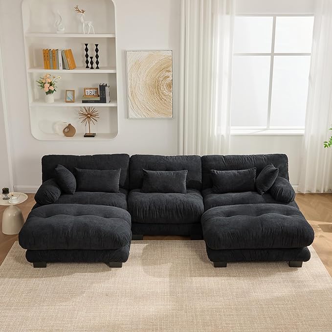 118 Oversized U Shaped Sectional Couch with 2 Ottomans Pelletized Velvet Cloud Couch with Bolster Armrest Pillows 3 Seater Comfy Sofa Modular Couches for Living Room (Black 118+2 Ottoman)