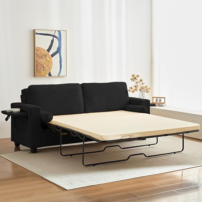 Mjkone 82 Width Queen Size Pull Out Sofa Bed Sleeper Couch with Pull Out Beds 2-in-1 Convertible Corduroy Loveseat Sleeper Sofa Couch Bed with Folding Mattress for Living Room Home Apartment Black