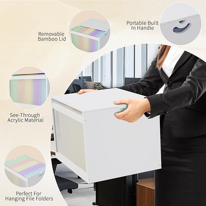White Bamboo Acrylic File Box with Hanging Folders Letter/Legal Size Dustproof Home Office File Organizer