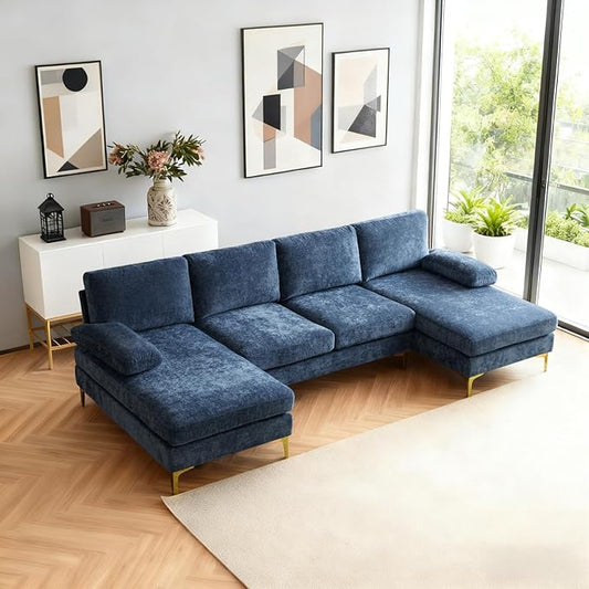 Karl home 110 Sectional Sofa U-Shaped 4-Seat Couch with Chaises Chenille Fabric Upholstered for Living Room Apartment Office Dusty-Blue