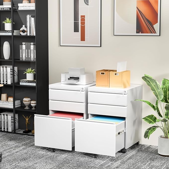 3 Drawer Mobile File Cabinet Metal Rolling Filing Cabinet with Lock for Home Office Under Desk Small Cabinet with Wheels Fit Legal/Letter/A4 (White)