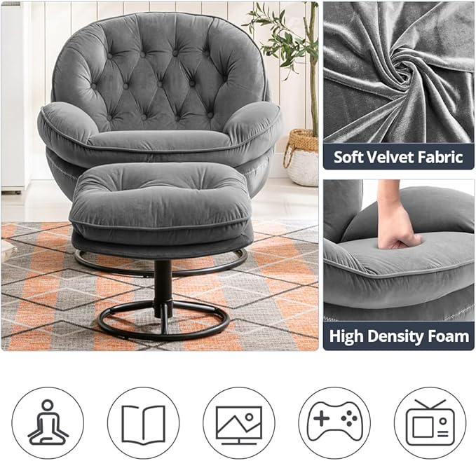 Velvet Swivel Accent Chair with Ottoman Set Modern Lounge Chair with Metal Base Frame &amp Footrest Comfortable Single Leisure Sofa Chair Reading Chair with 360 Degree Swiveling for Living Room Gr