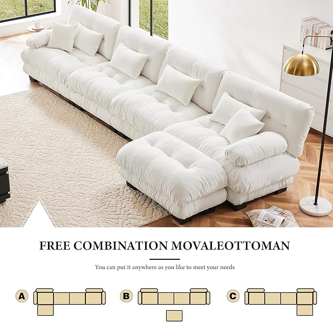 173.2 Deep Seat Modular Sofa Set Chenille Fabric Large Sectional Couches for Living Room 4 Seater Modern Cloud Couch with 1 Ottoman for Apartment or Bedroom L Shaped White