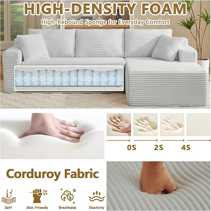 103'' Boneless Cloud Couches for Living Room Corduroy L Shaped Modular Sectional Sofa Couch W/Deep Seat &amp High-Back Comfy Memory Foam Couch Sofa in A Box (Light Grey Right Facing Chaise)