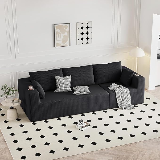 Furnimart 112 Oversized 3 Seater Sleeper Couch Sectional Sofa Bed Boneless Cloud Couches for Living Room Modern Deep Seat Modular Sofa No Assembly Corduroy Black