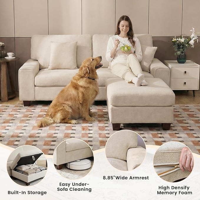 DOPEDIO L-Shaped Sectional Sofa with Storage Ottoman Modern Chenille Recliner Loveseat Removable Couch Covers Pocket Spring Cushions Solid Wood Frame Easy to Install (71.25inch Beige)