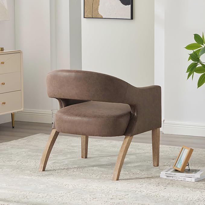 Modern Accent Chair Upholstered PU Leather Barrel Armchairs with Rubberwood Legs Comfy Lounge Arm Chair Hollow-Out Side Club Chair for Living Room Bedroom Office (Coffee-Wide)