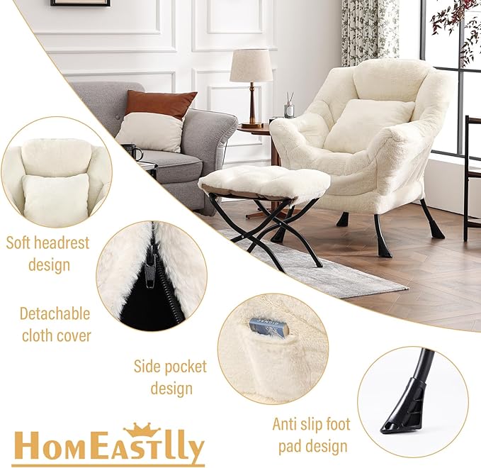 Lazy Chair with Ottoman Large Lvory Accent Chair with Ottoman and FA Throw Pillow Comfy Plush Reading Chair for Living Room Bedroom Dorm Room Office Apartment Relaxing Use