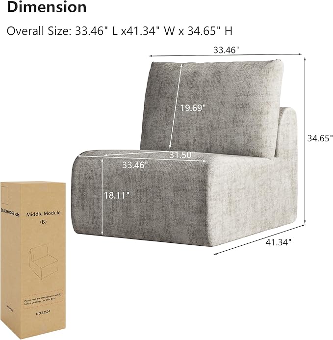 EASE MOOSE Milddle Module Seat for Sectional Modular Boneless Cloud Couch Armless Chair for Boneless Modular Cloud Sofa Light Grey