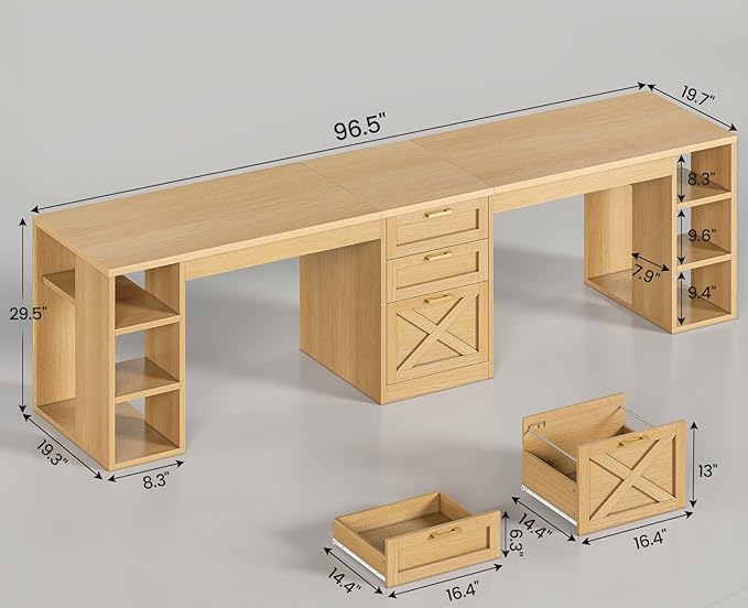 SEDETA Farmhouse 96.5 Computer Desk with Drawers 2 Person Home Office Desk Gaming Double Desk with Storage Shelves Long Two Person Writing Desk Oak