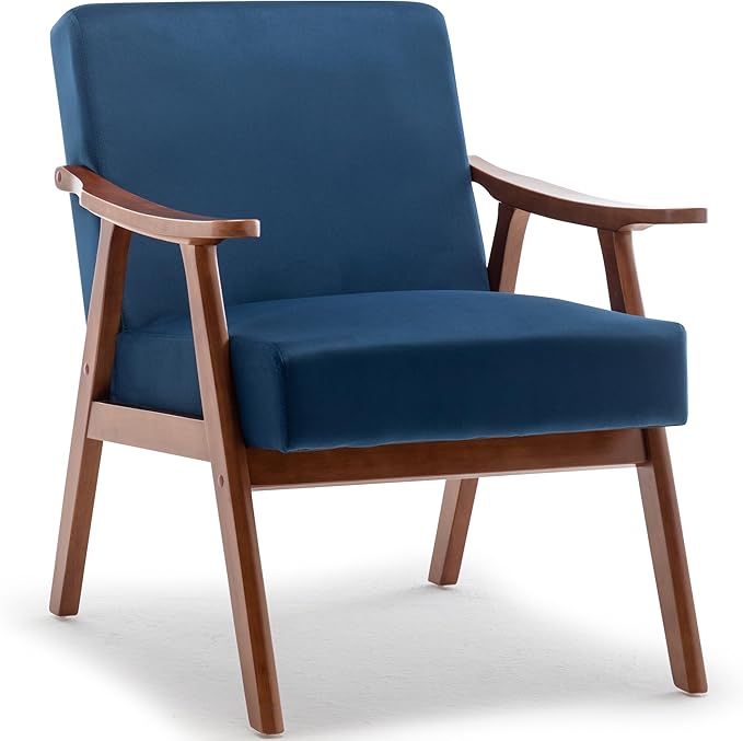 Mid Century Modern Accent ChairComfy Fabric Reading Chair with Retro Solid Wood Frame &amp High Back Upholstered Lounge Arm Side Chair for Living Room Bedroom Balcony (Navy Linen)