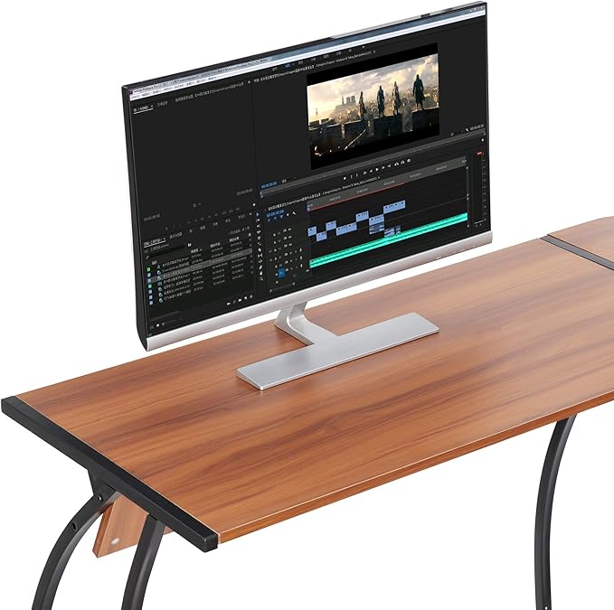 Modern L-Shaped Home Office Desk with Round Corner Computer Desk Gaming Writing PC Laptop Workstation with Solid Steel Frame Desktop (Walnut)