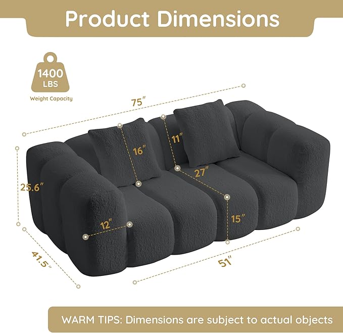 Loveseat Sofa Comfy Deep Seat Boneless Couch with 2 Pillows Modern Cloud Couch Upholstered 3-Seater Boucle Couches for Living Room Bedroom Apartment(Grey)
