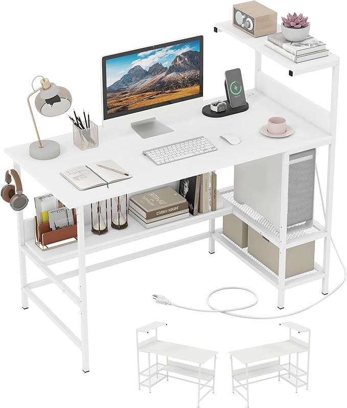 Giantex 48 Computer Desk with Charging Station Reversible Writing Desk with Storage Shelves &amp Headphone Hook Small Gaming Desk Industrial Computer Workstation for Home Office (White)