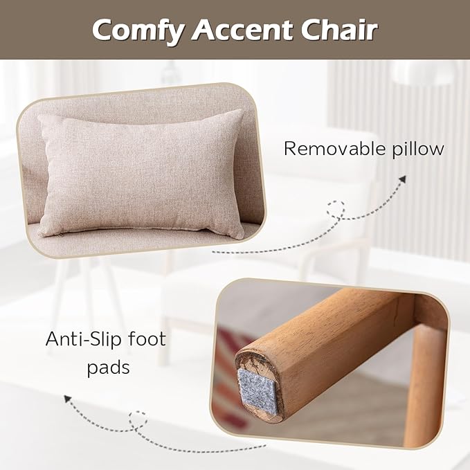 INZOY Mid Century Modern Accent Chair Set of 2 High Back Reading Armchair with Wood Frame Upholstered Living Room Chairs with Waist Cushion Single Lounge Arm Chair for Bedroom Sunroom Beige
