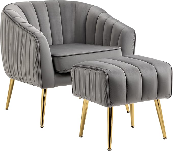 Velvet Accent Chair with Ottoman Modern Tufted Barrel Chair Ottoman Set for Living Room Bedroom Golden ed Grey