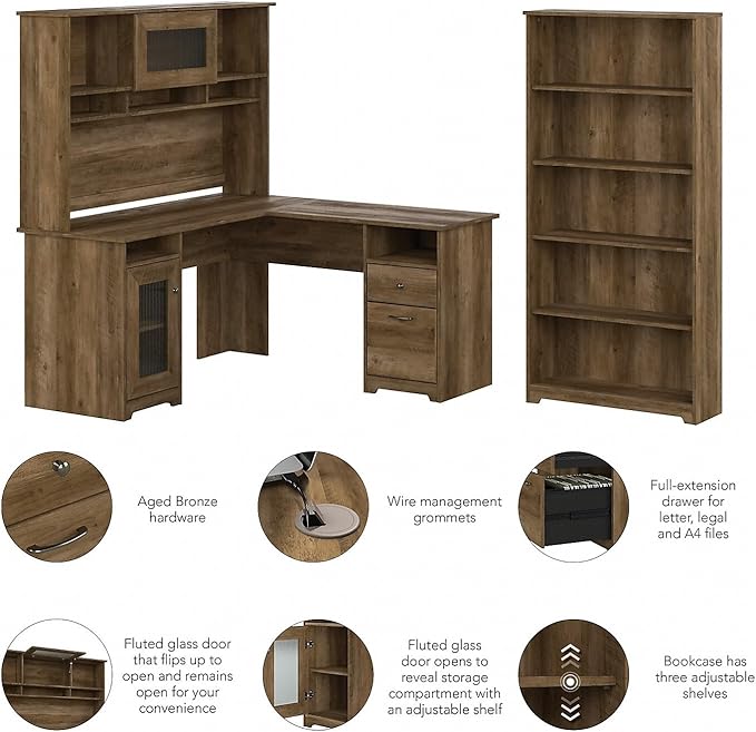 Bush Home Cabot 60W L Shaped Computer Desk with Hutch and 5 Shelf Bookcase in Reclaimed Pine
