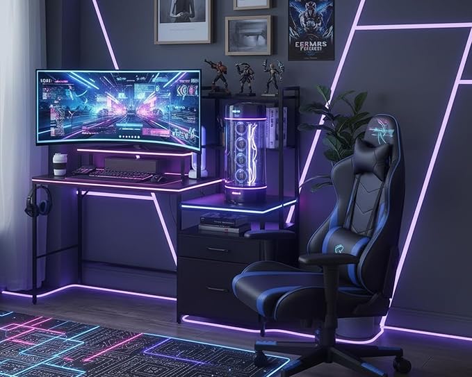 KATHY&ampBOB Small Home Office Study Desk - Freestanding Ladder Design with Fabric Drawers &amp Side Bag - Modern Vanity Makeup Desk - 2 Tier Shelf &amp Computer Gaming Station (Black Large)