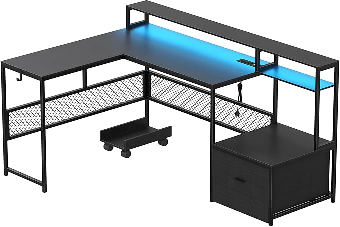 L Shaped Desk with Drawers 66 Home Office Desk with Power Outlet and Led Strip Computer Desk with Storage Shelves &amp Monitor Stand Large Corner Desk Gaming Desk Black