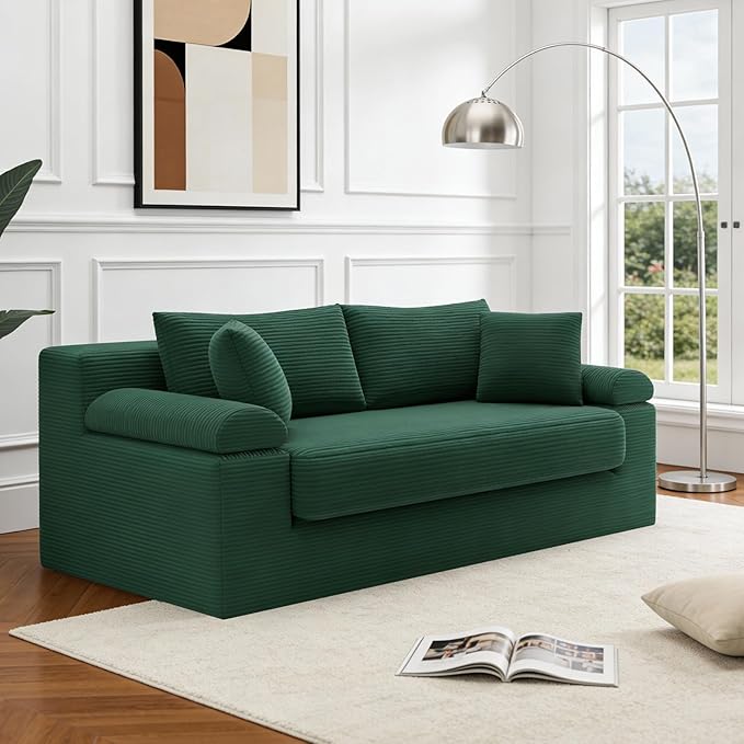 Folding Convertible Sofa Bed 78 Inch Corduroy Boneless Cloud Couch Futon Compressed Pull Out Loveseat Sleeper Bed Foldable Floor Mattress Sofa for Living Room Bedroom Green