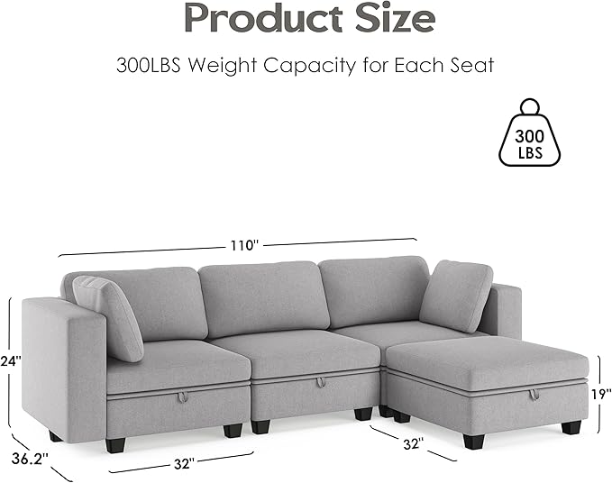 Modular Sectional Sofa Oversized L Shaped Sectional Couch with Storage Ottoman Modular Couch with Deep Seat Comfy Convertible Sectional Couches for Living Room and Apartment Light Grey