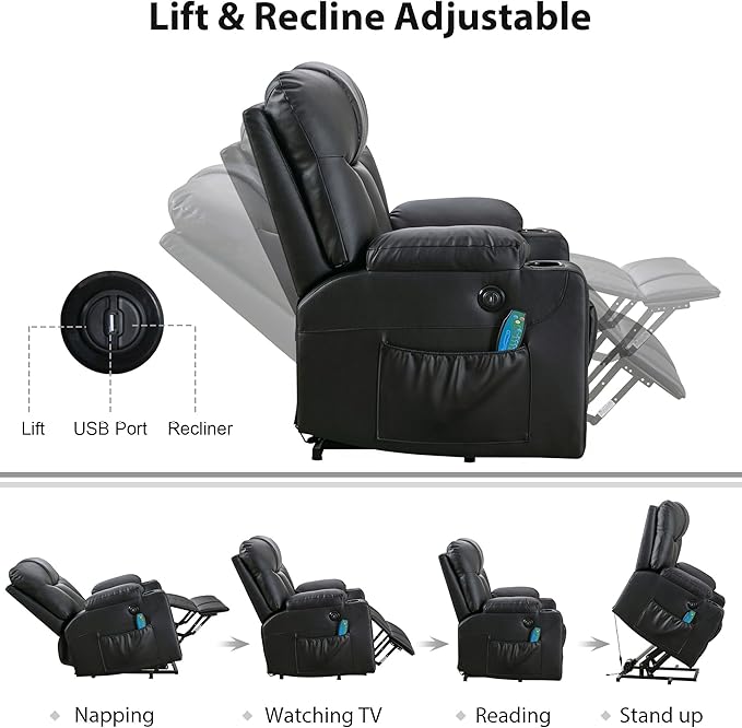 Bonzy Home 26 Extra Wide Lift Chair with Heat and Massage Faux Leather Power Lift Recliner Massage Chair for Adults Elderly Upholstered Recliner with 2 Cup Holders Side Pocket